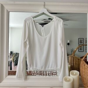Charlotte Russe White Long-Sleeve Fringe Hem Blouse